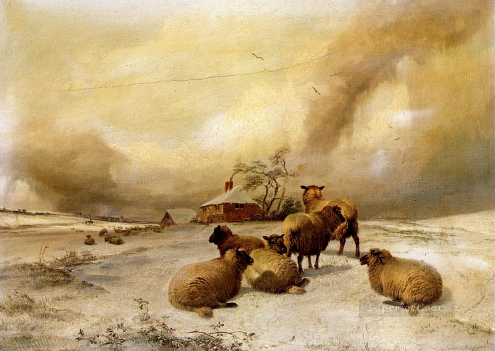 冬の風景の中の羊 羊の家畜 トーマス・シドニー・クーパー油絵